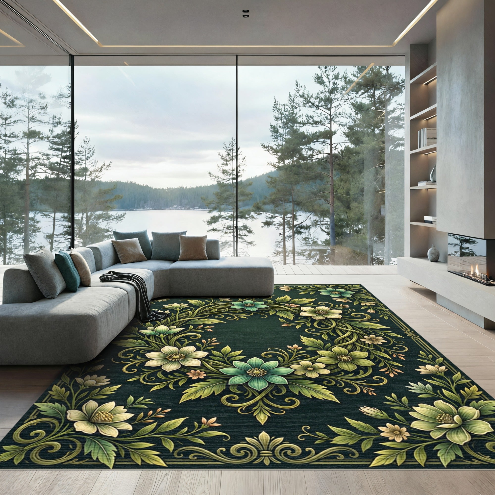 Botanical Sage Green Floral Wreath Rug
