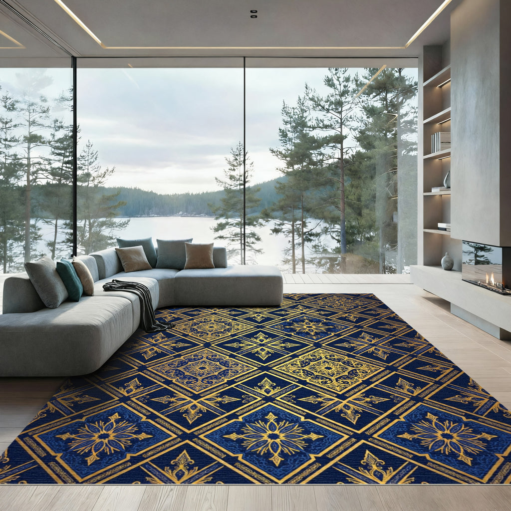 Opulent Gold Navy Damask Geometric Rug