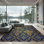Opulent Gold Navy Damask Geometric Rug