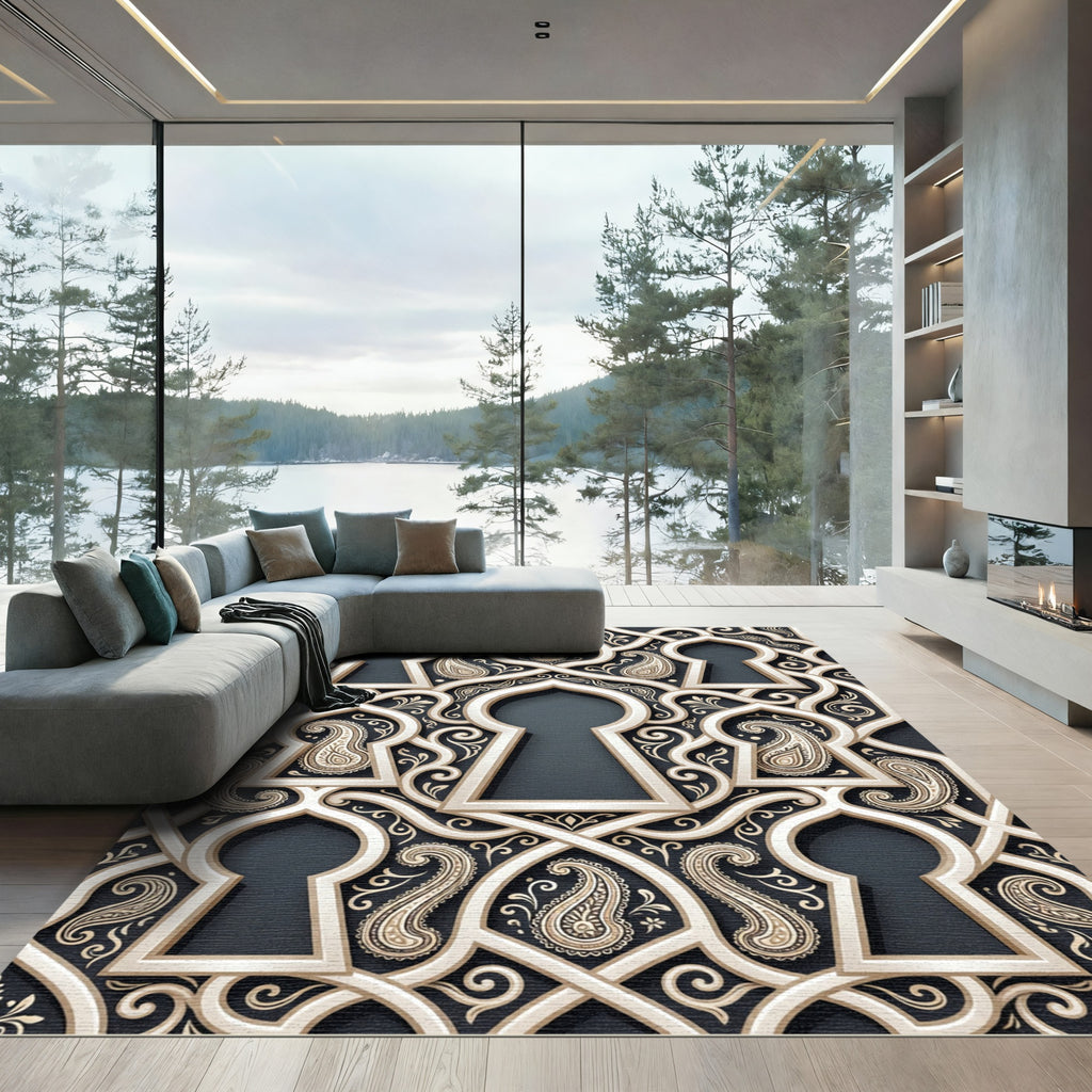 Cream and Charcoal Ornate Paisley Arch Rug