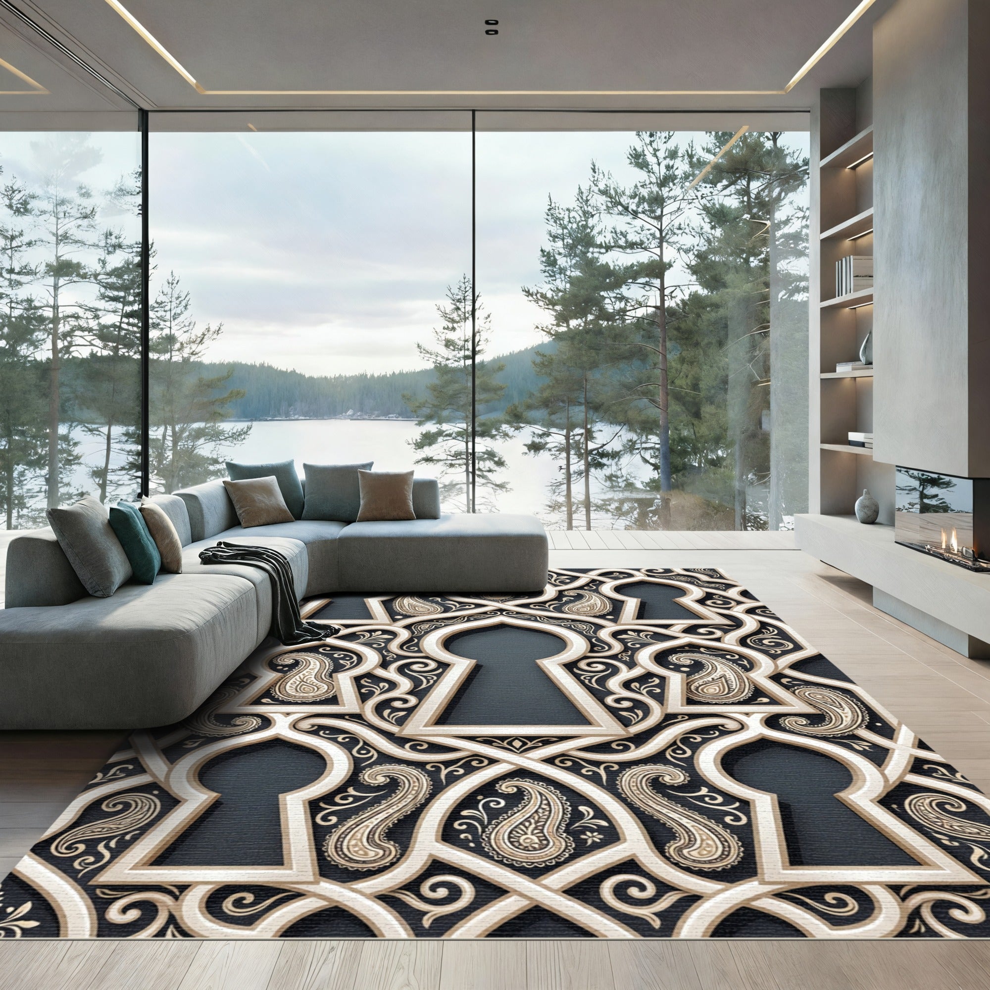 Cream and Charcoal Ornate Paisley Arch Rug