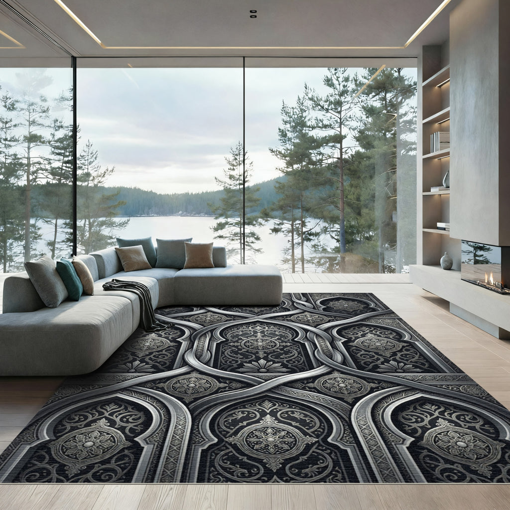 Elaborate Gray Arabesque Arch Rug