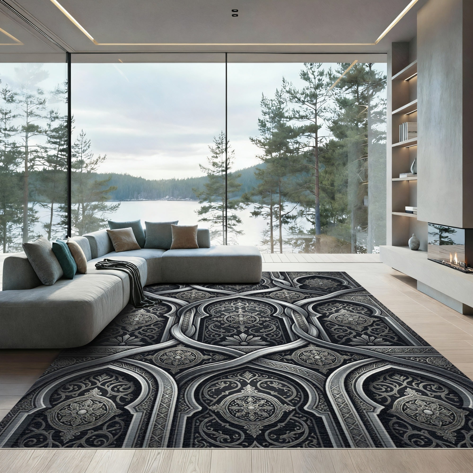 Elaborate Gray Arabesque Arch Rug
