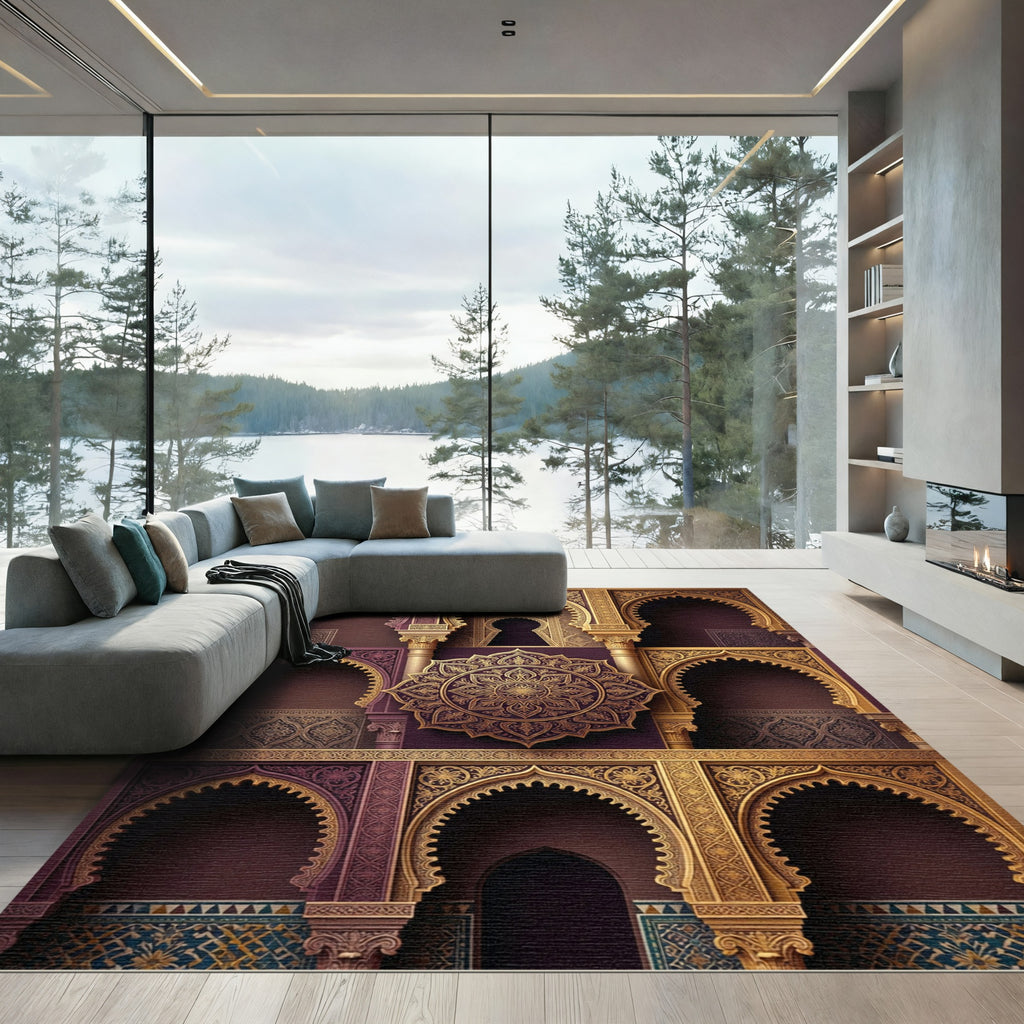 Ornate Violet Golden Arch Medallion Rug
