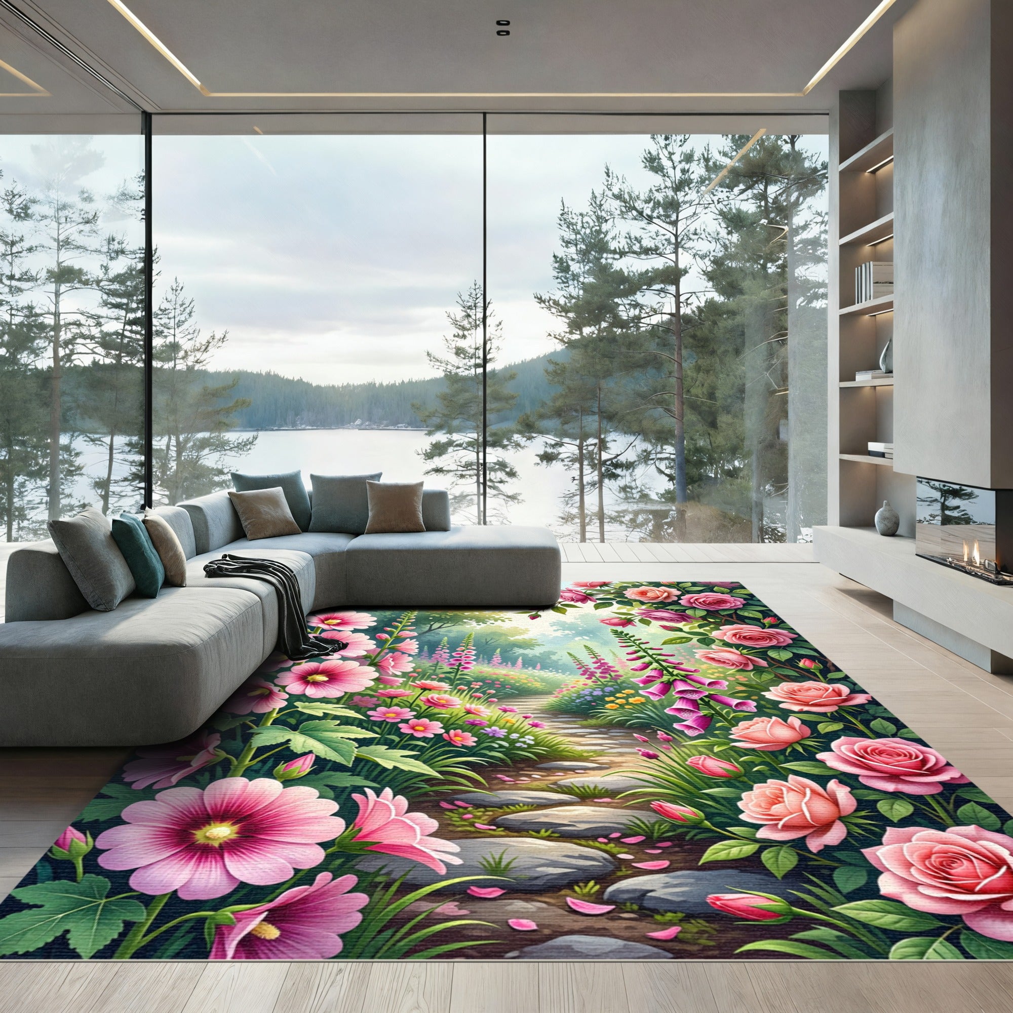 Enchanted Pink Floral Garden Path Rug