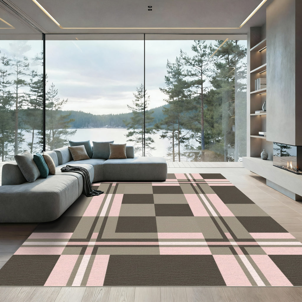 Soft Pink Gray Plaid Check Rug