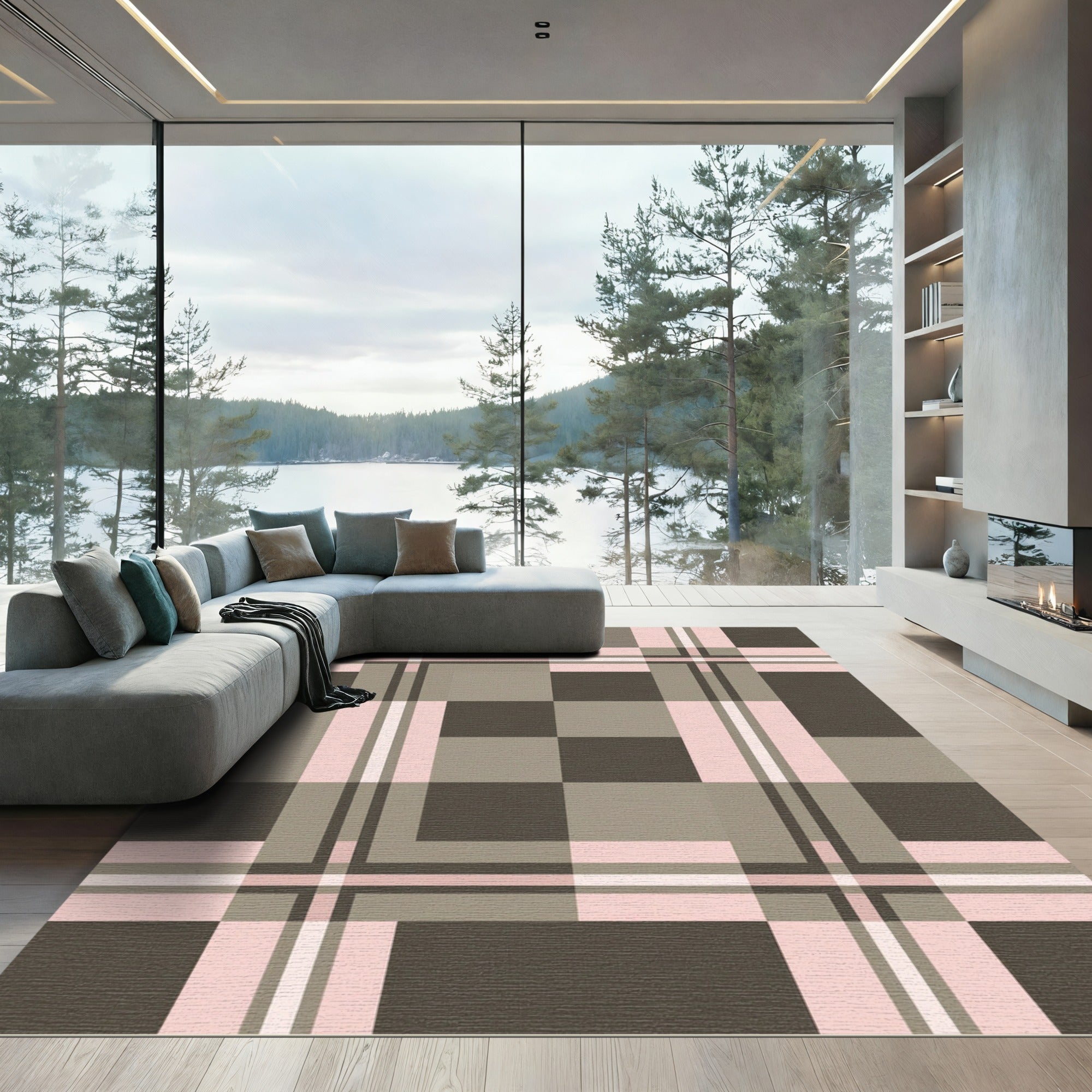 Soft Pink Gray Plaid Check Rug