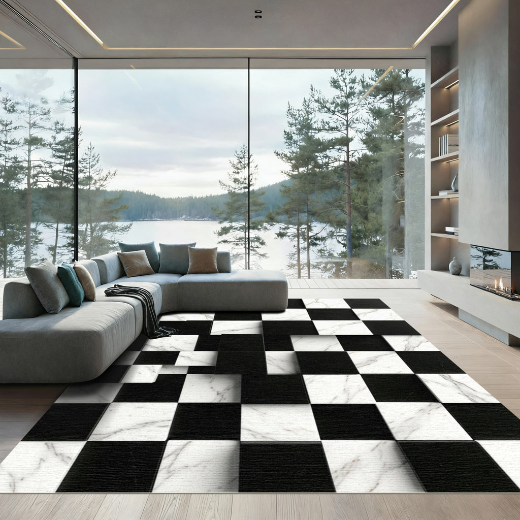 Modern Black and White Marble Grid Rug