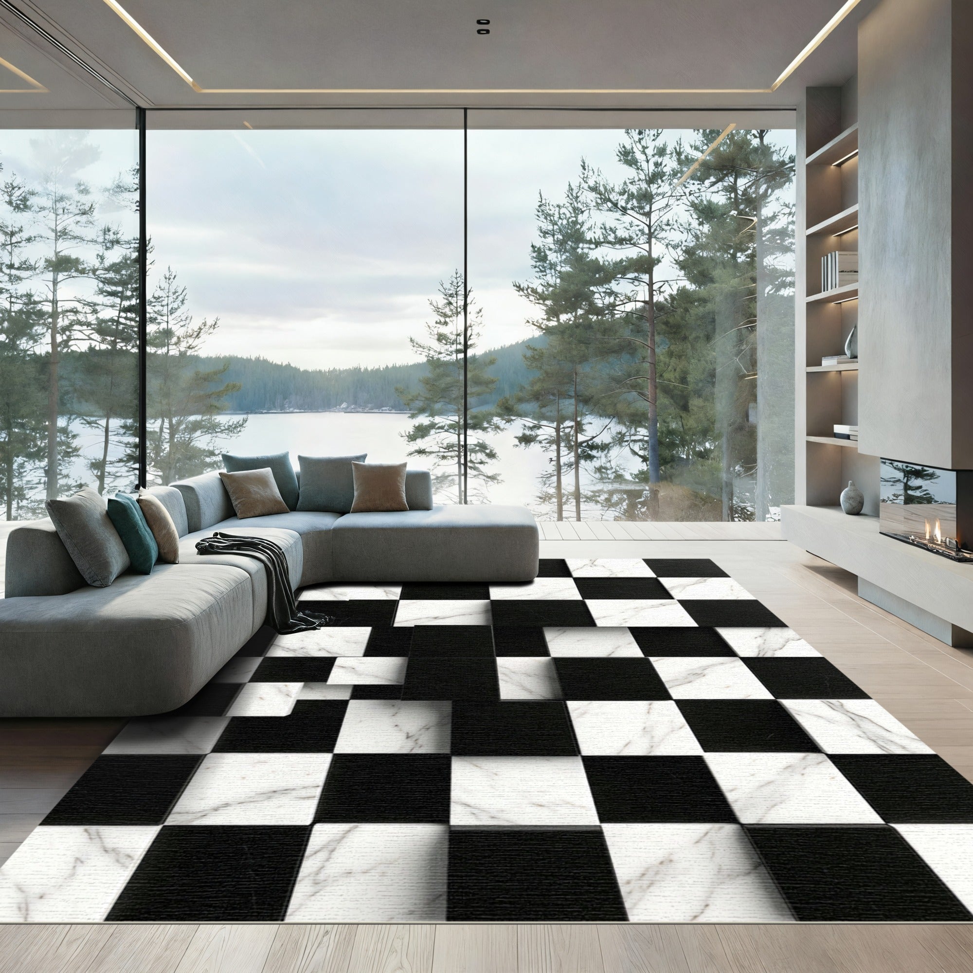 Modern Black and White Marble Grid Rug