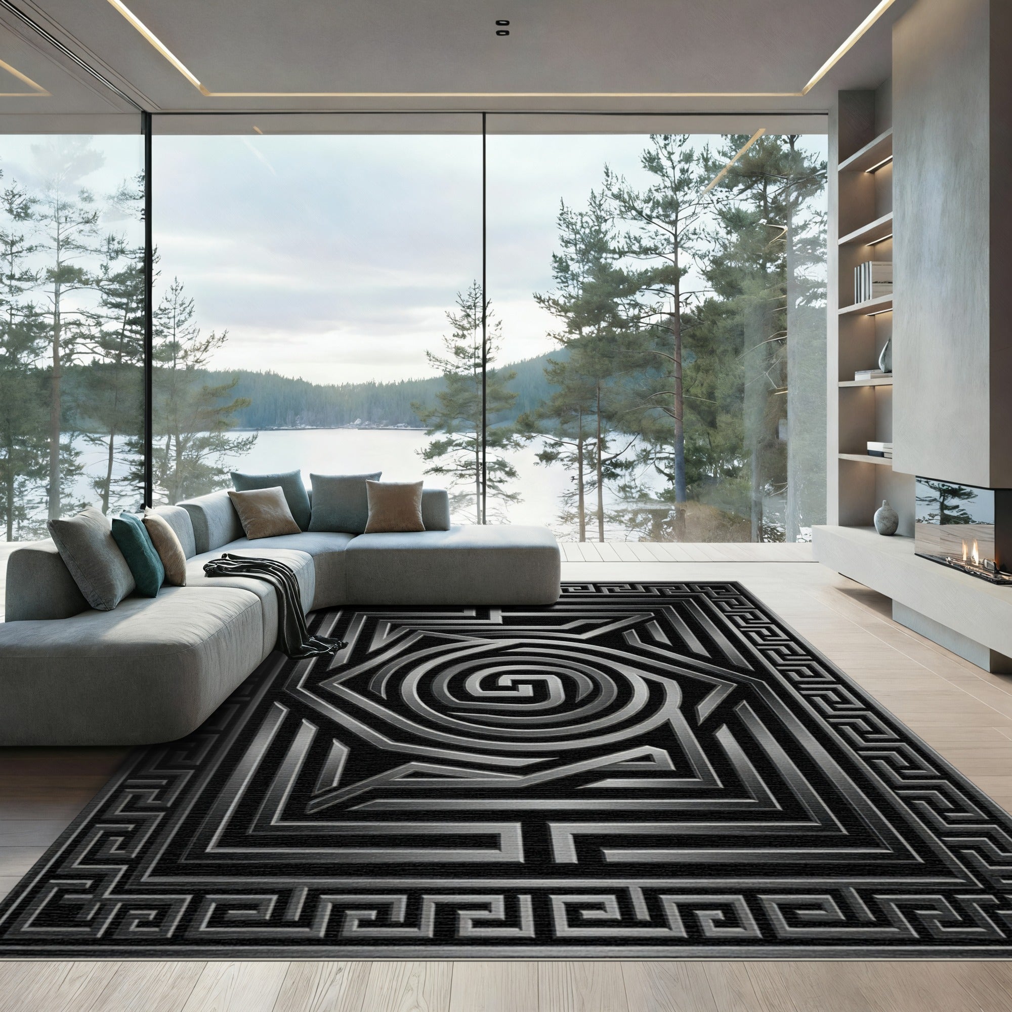 Gray Maze Geometric Metalic Frame Rug