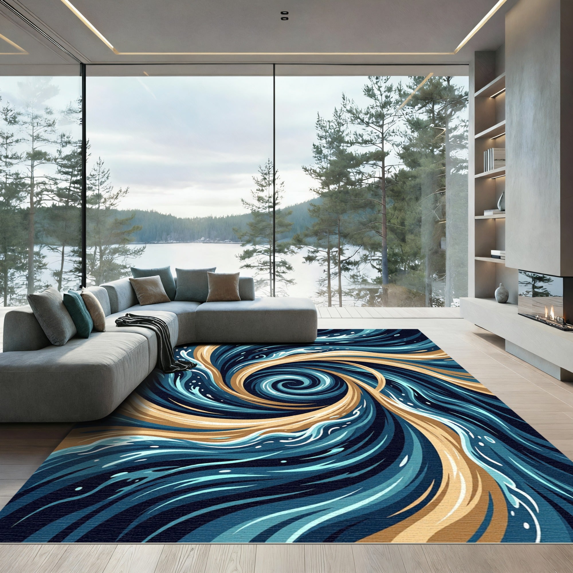 Abstract Golden Swirl Ocean Wave Rug