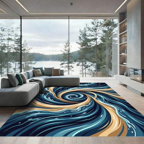 Abstract Golden Swirl Ocean Wave Rug