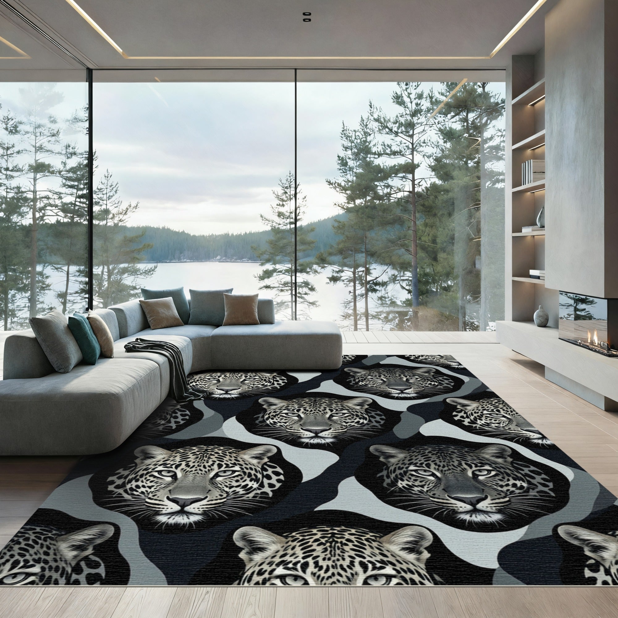 Monochromatic Leopard Faces Camouflage Rug