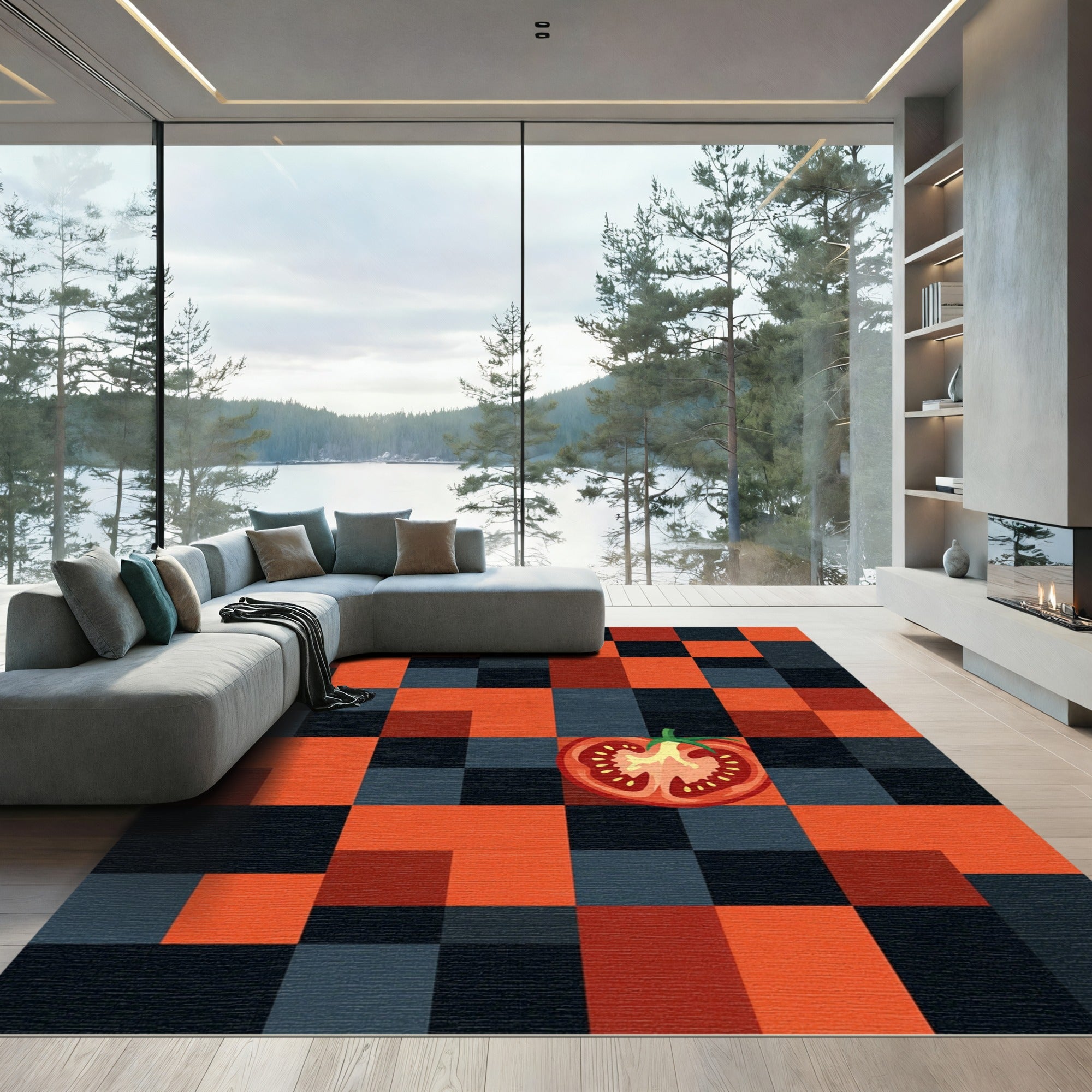 Modern Tomato Slice Geometric Block Rug