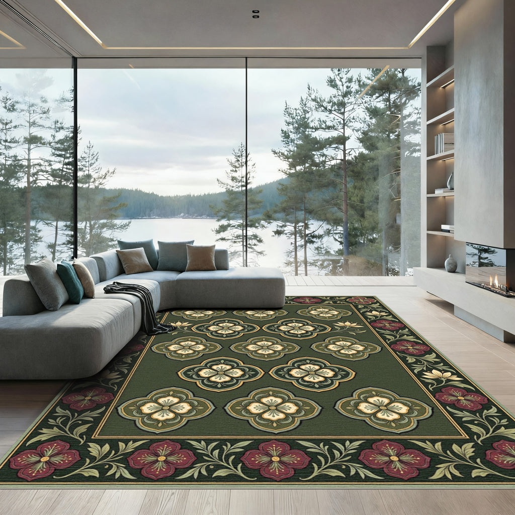 Rich Emerald Quatrefoil Floral Rug