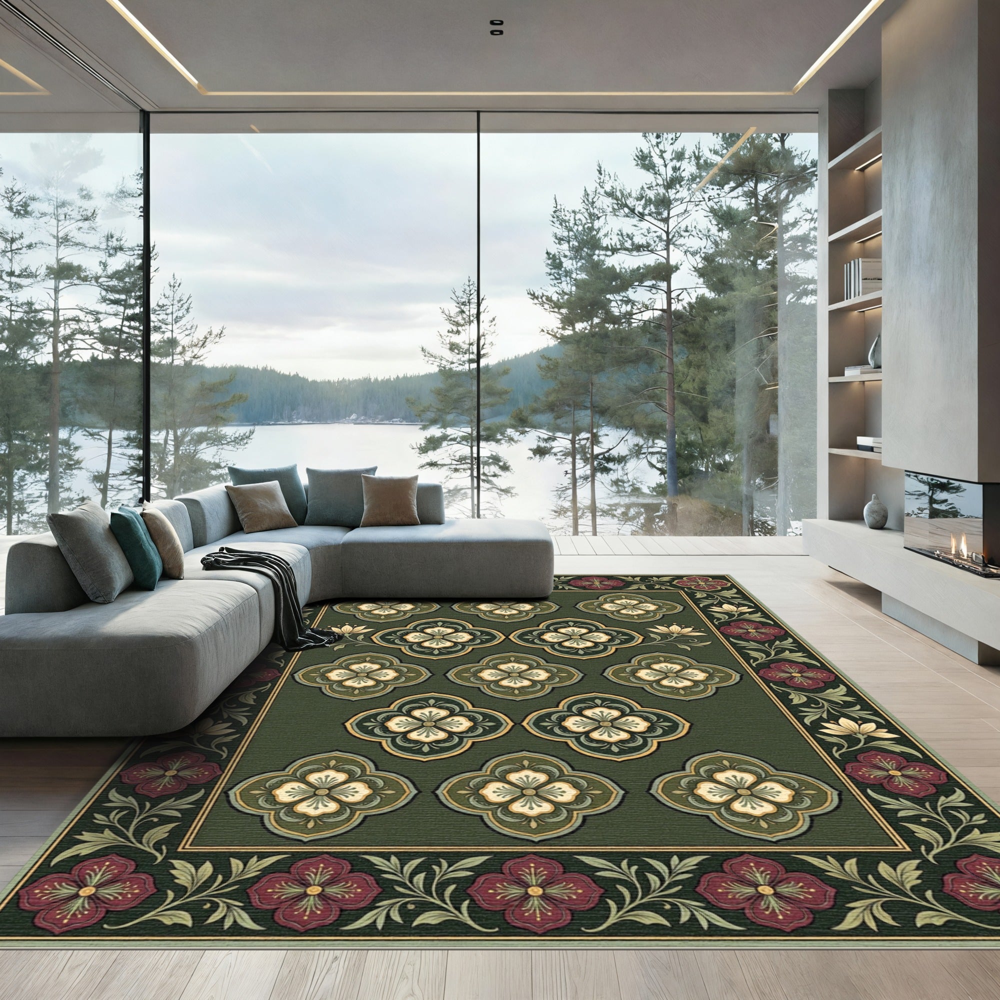 Rich Emerald Quatrefoil Floral Rug