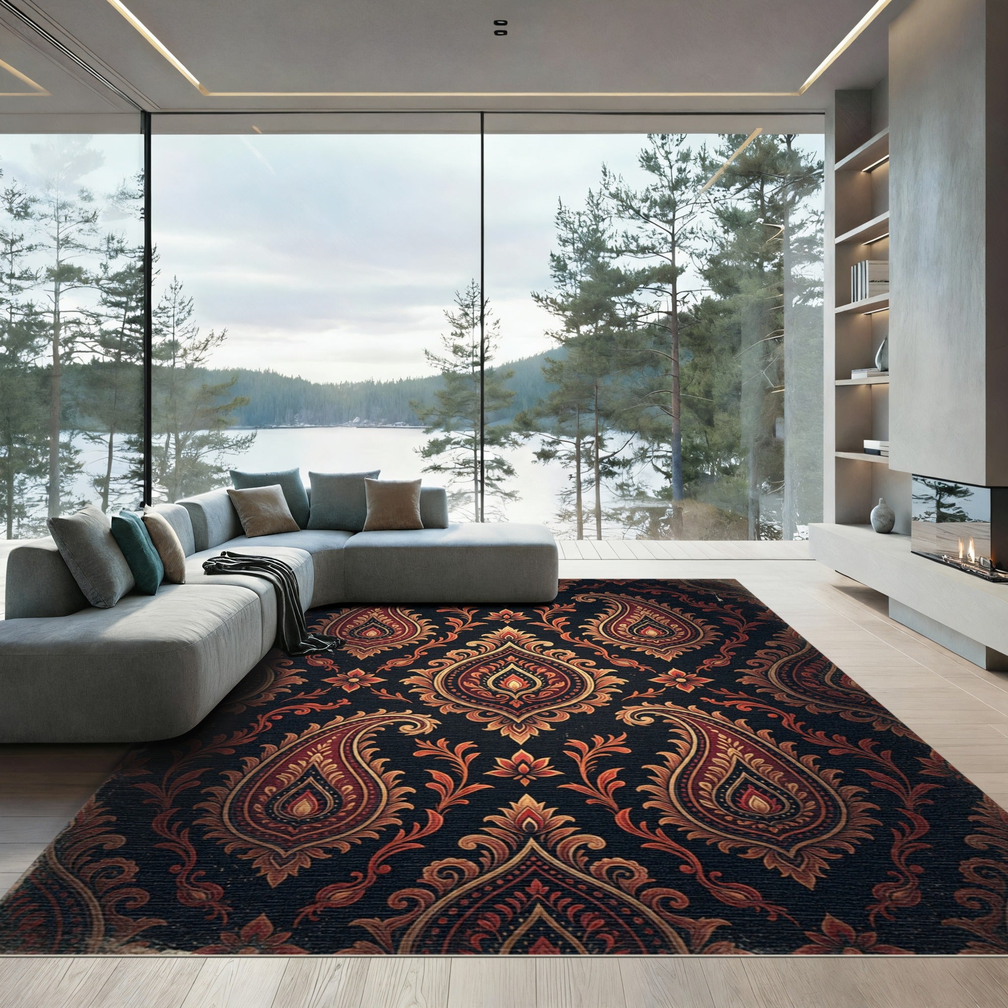 Opulent Crimson Gold Paisley Damask Rug