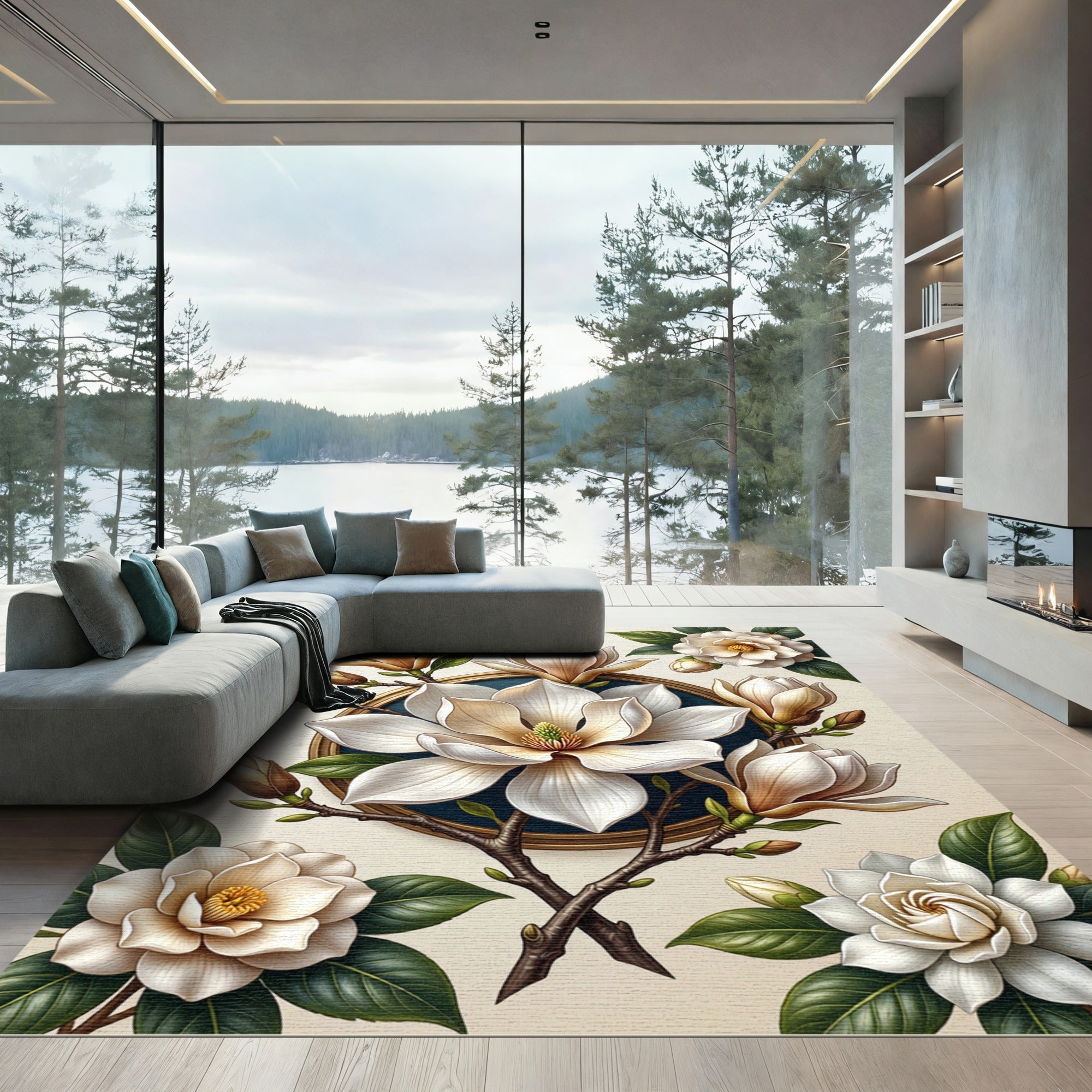 Elegant Ivory Magnolia Botanical Round Artwork Rug