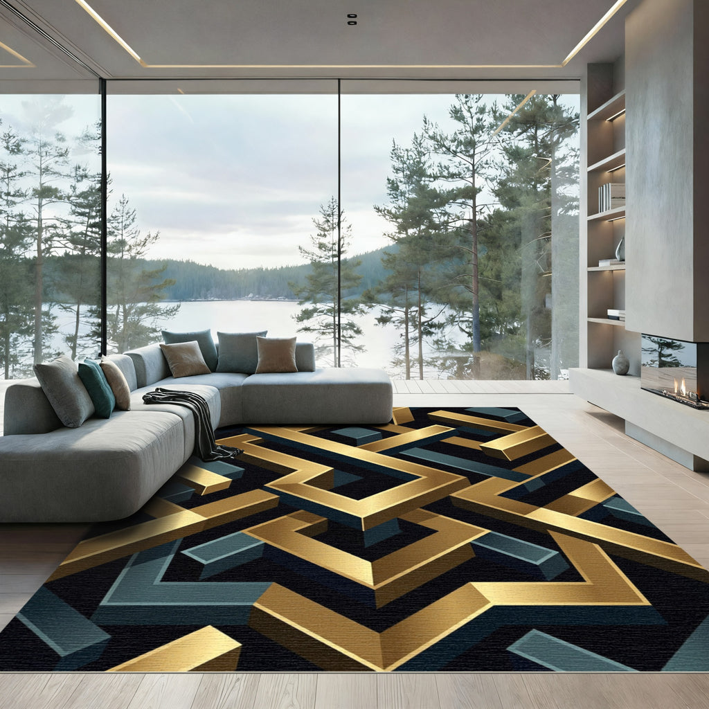 Gold Teal Isometric Maze Surface Rug