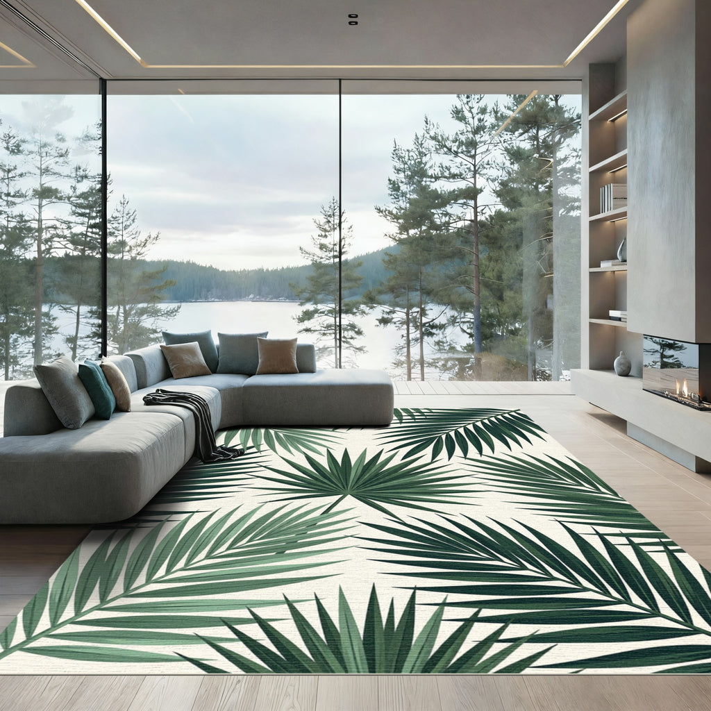 Lush Green Tropical Palm Leaves Rug