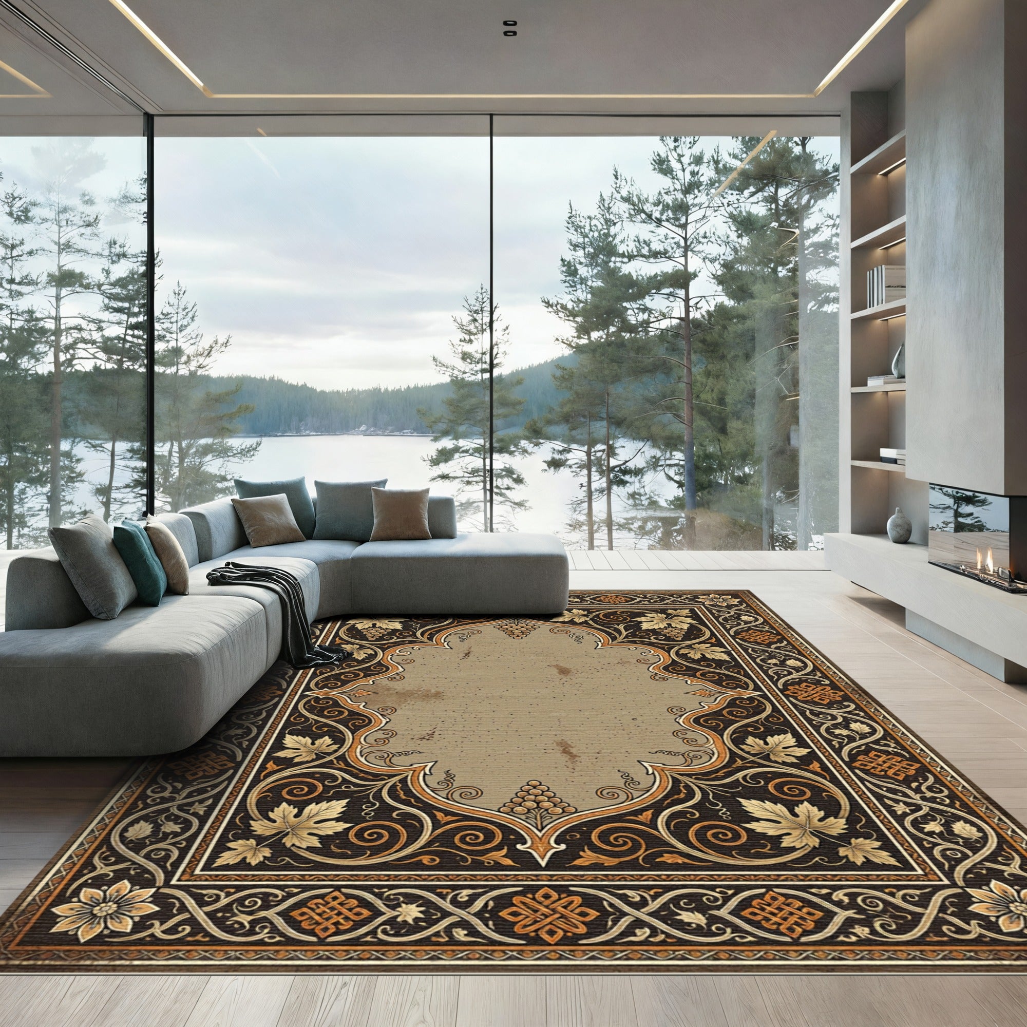 Ornate Golden Grapevine Dark Bordered Frame Rug