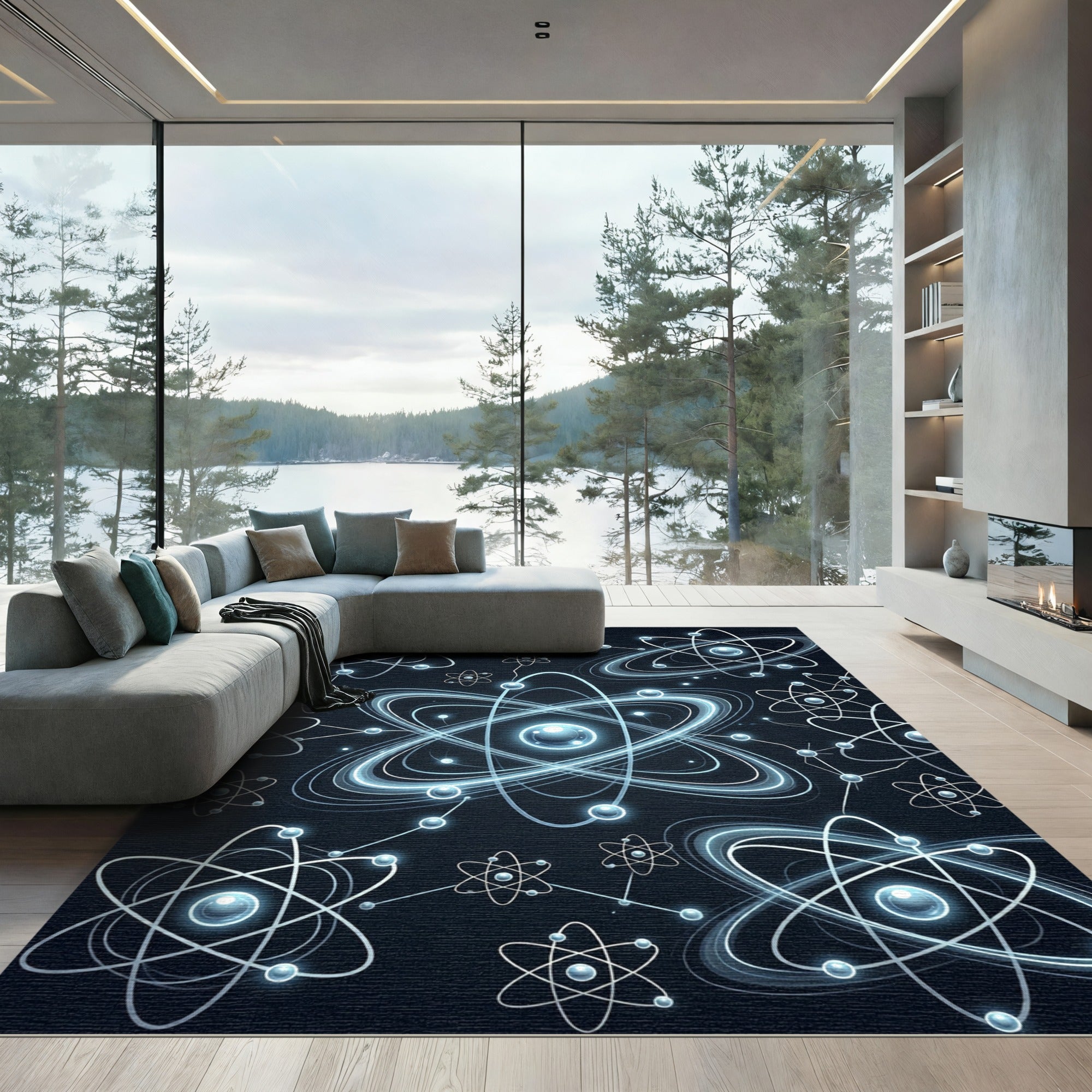 Futuristic Atomic Orbit Blue Glow Rug