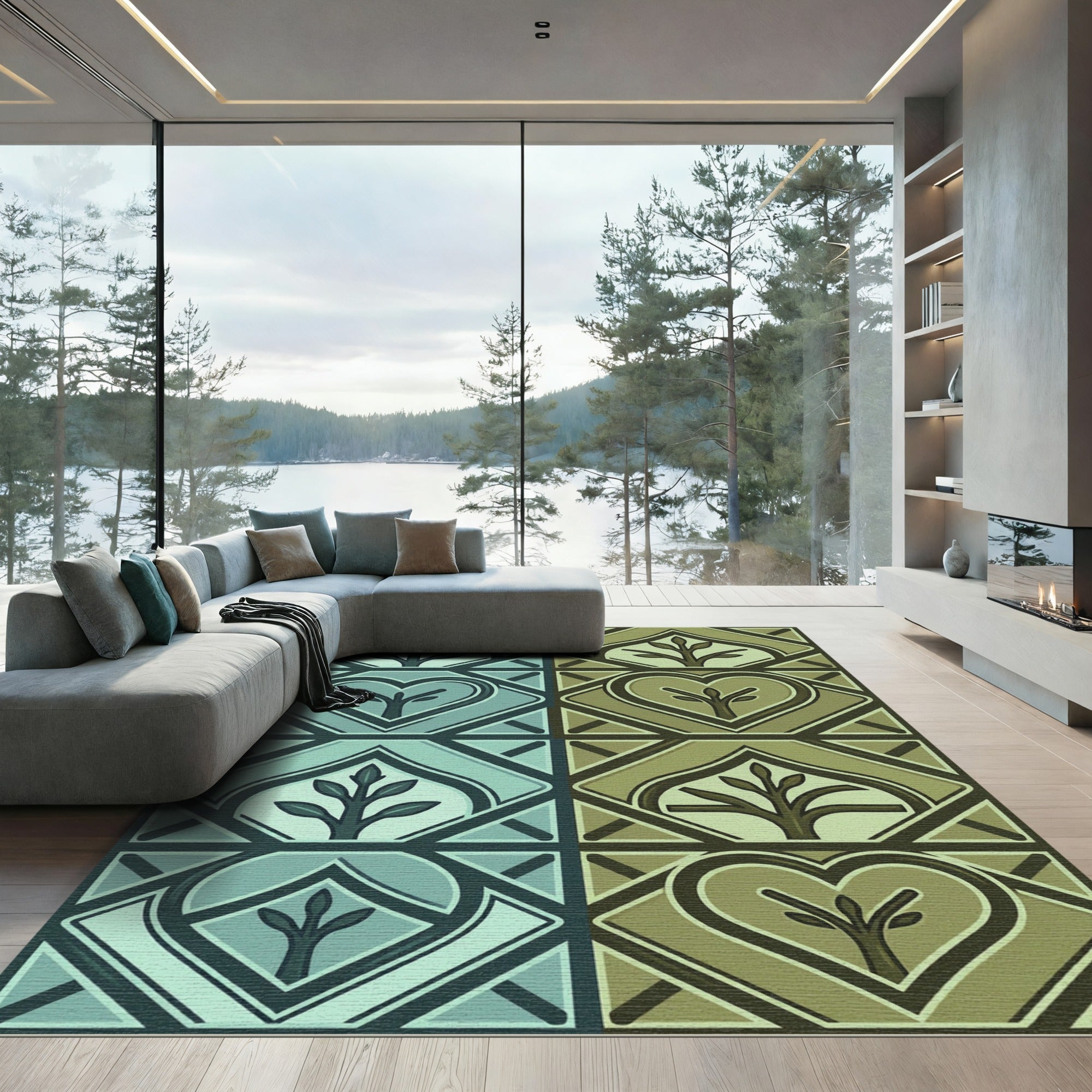 Teal Olive Heart Tree Blocks Rug