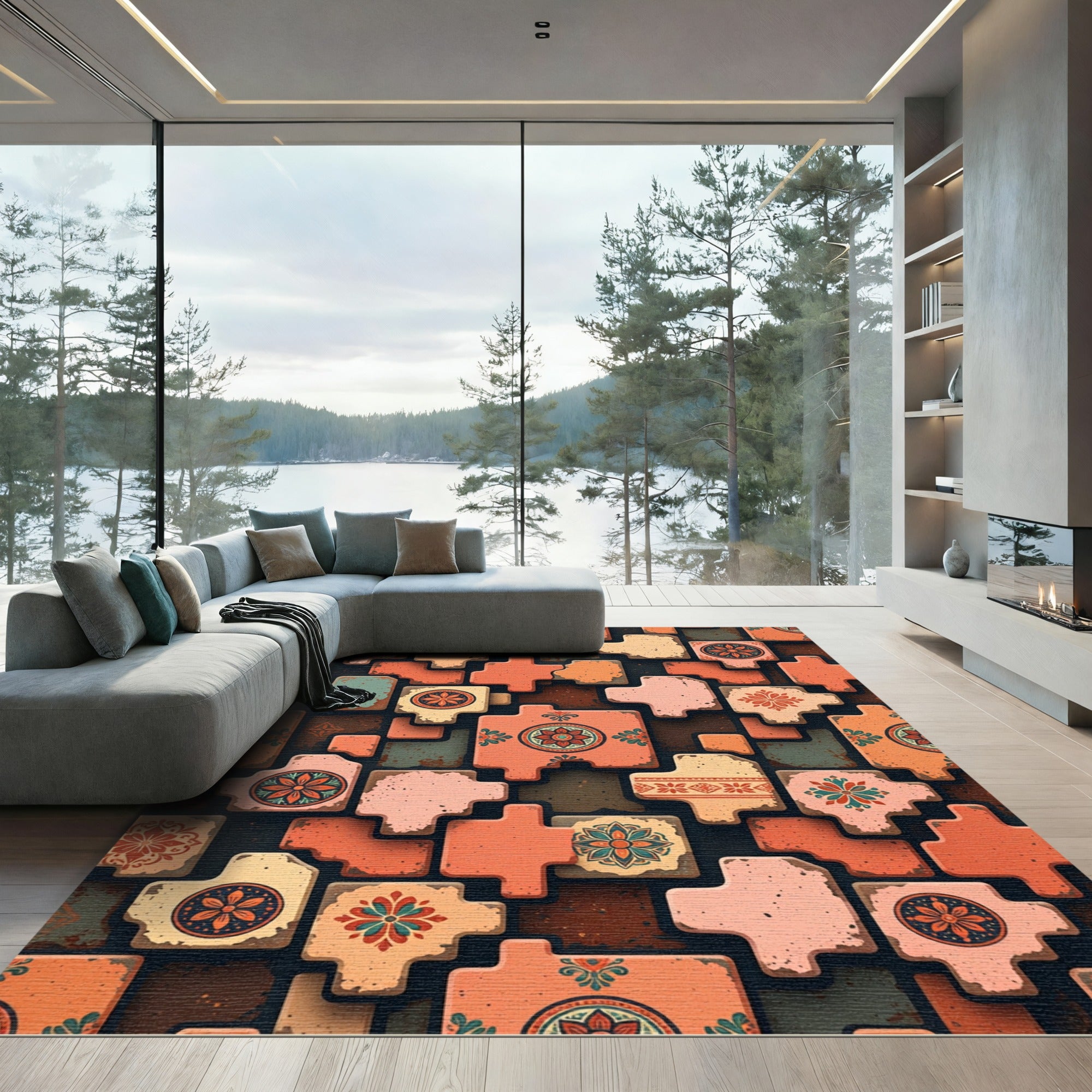 Terracotta Floral Medallion Tile Arrangement Rug