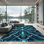 Glowing Cyan Cyber Circuit Grid Rug