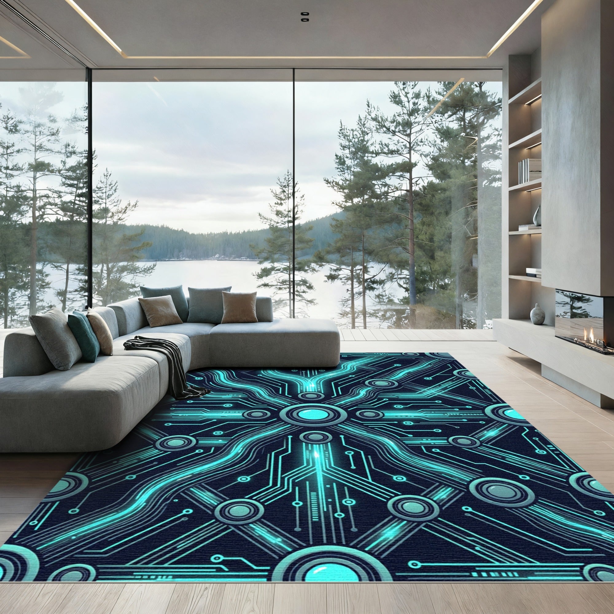 Glowing Cyan Cyber Circuit Grid Rug