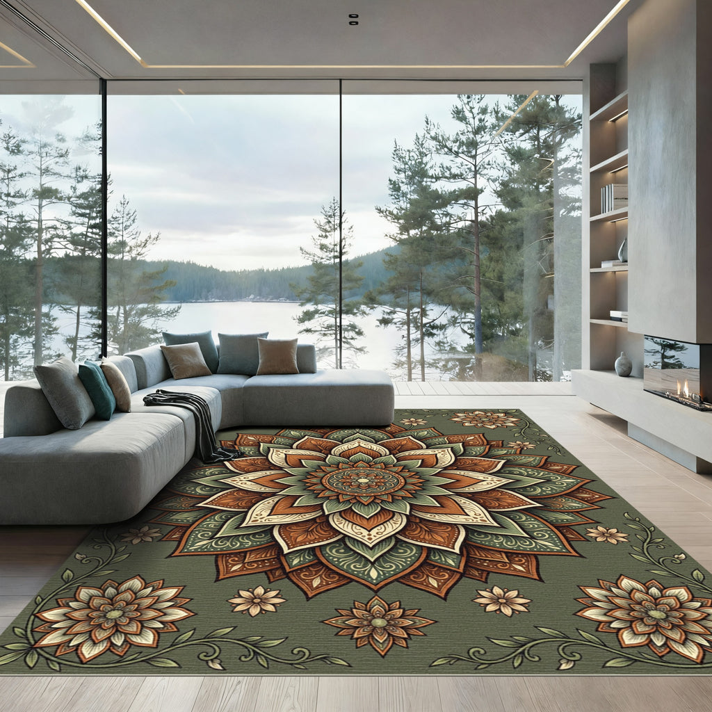 Sage Green Earthy Floral Medallion Rug