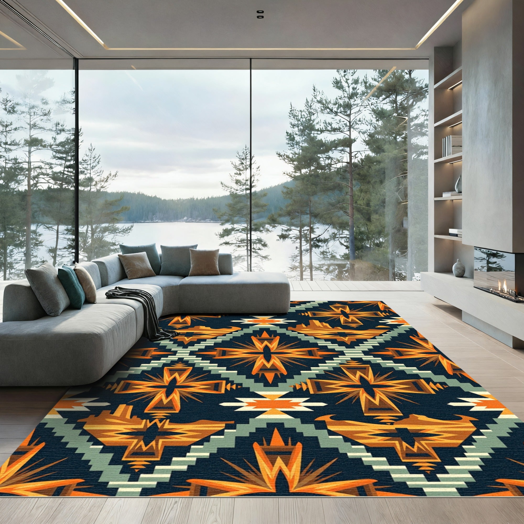 Southwestern Orange Geometric Cross Rug