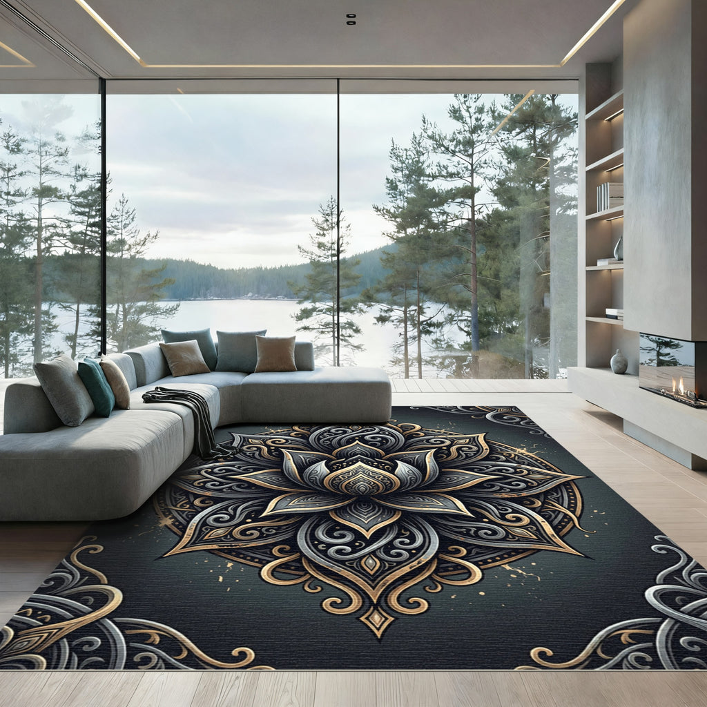 Opulent Charcoal Gold Lotus Mandala Rug