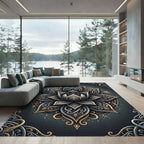 Opulent Charcoal Gold Lotus Mandala Rug
