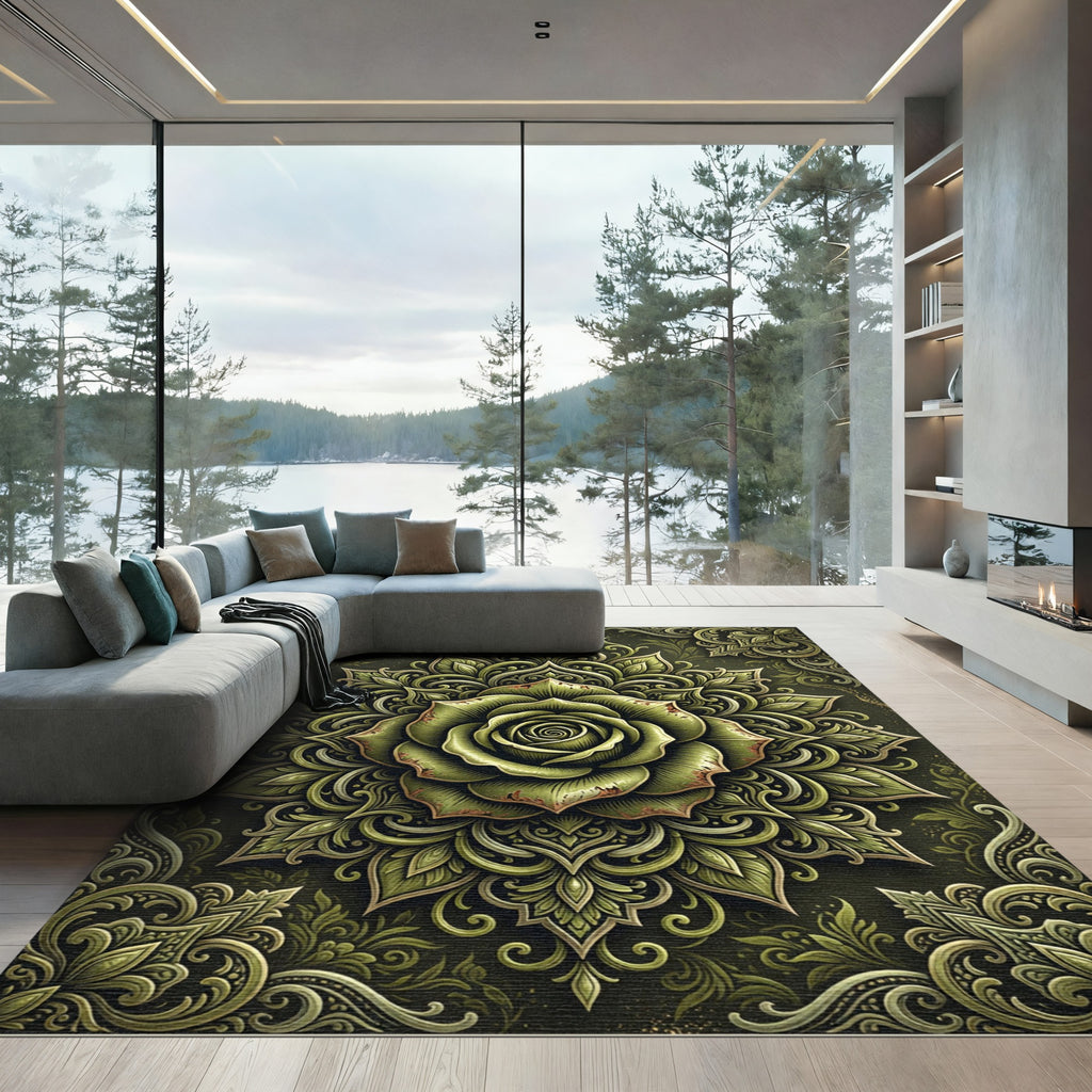 Aged Olive Rose Botanical Medallion Rug