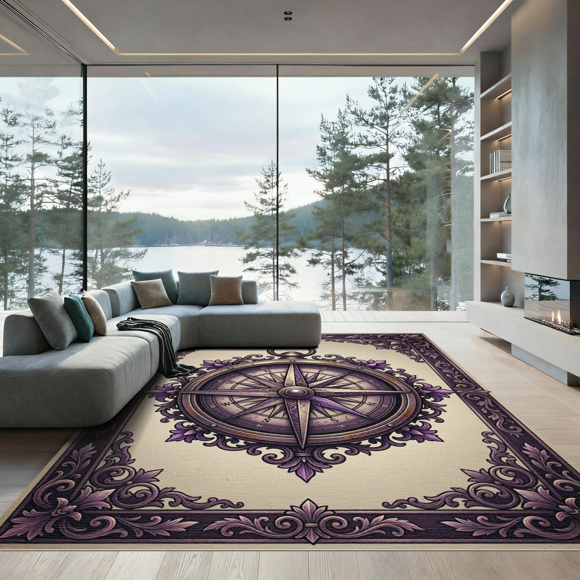Ornate Grape Purple Antique Compass Card Rug