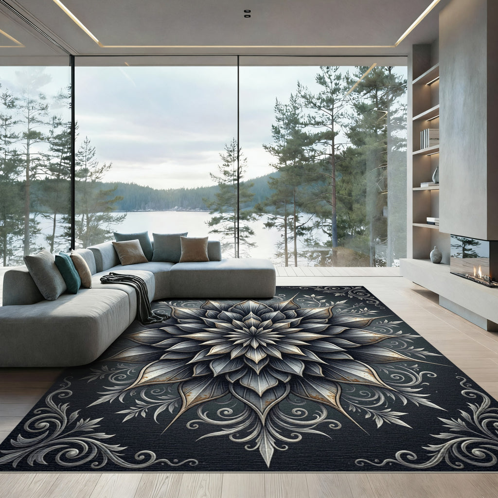 Gothic Silver Floral Mandala Medallion Rug