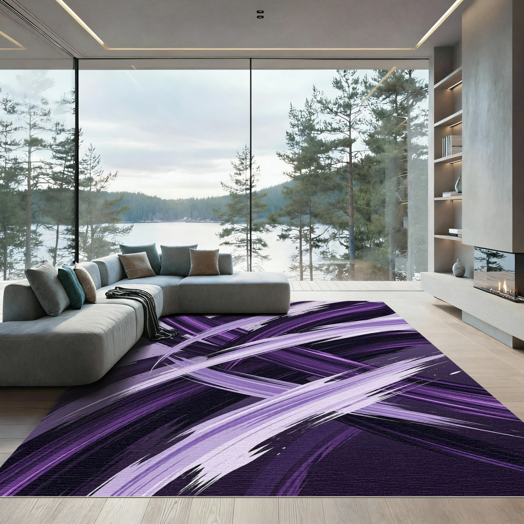Modern Deep Purple Abstract Brushstroke Rug