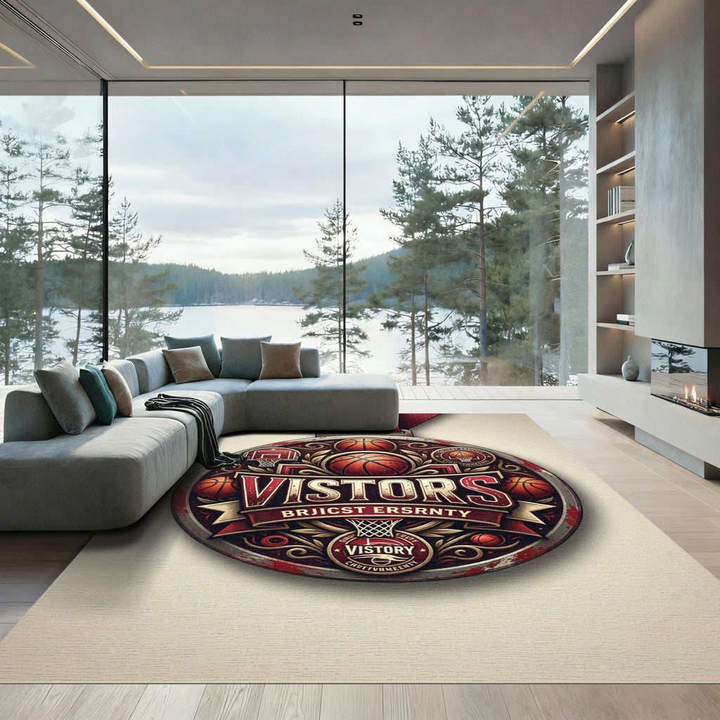 Vintage Crimson Basketball Medal Emblem Rug