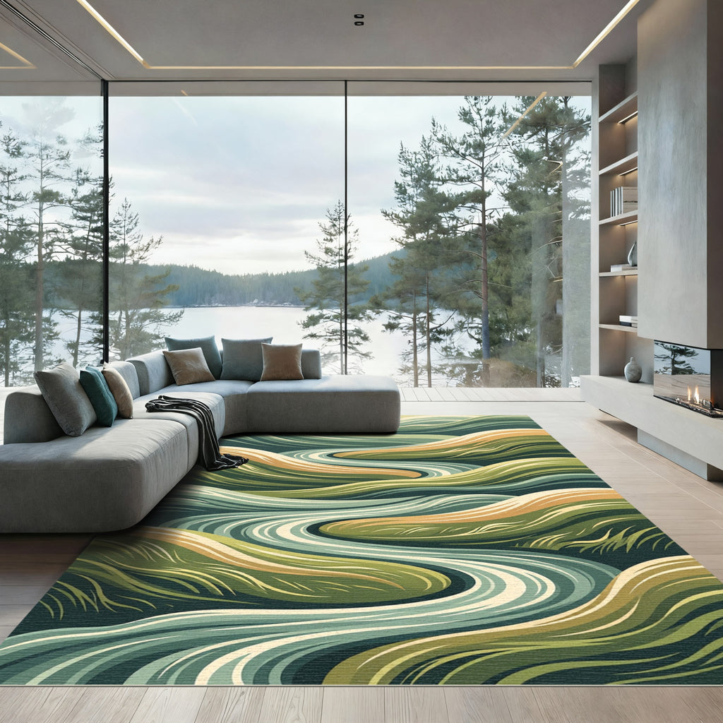 Flowing Sage and Ochre Wavy Landscape Rug