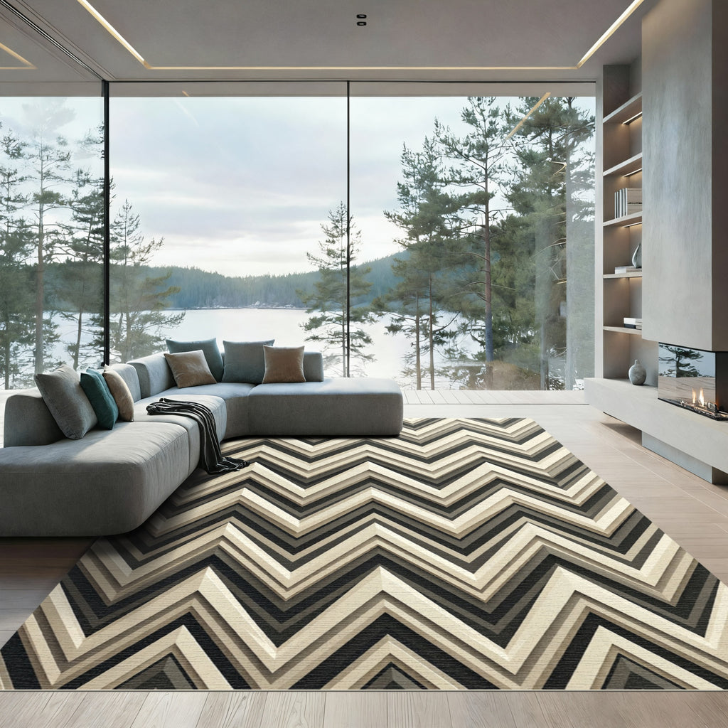 Modern Taupe Zigzag Geometric Layered Rug