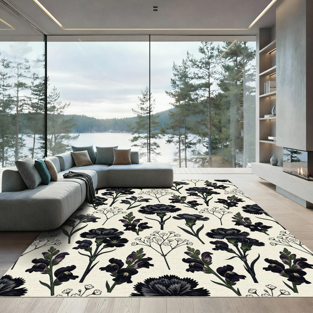 Dark Floral Branches Botanical Arrangement Rug