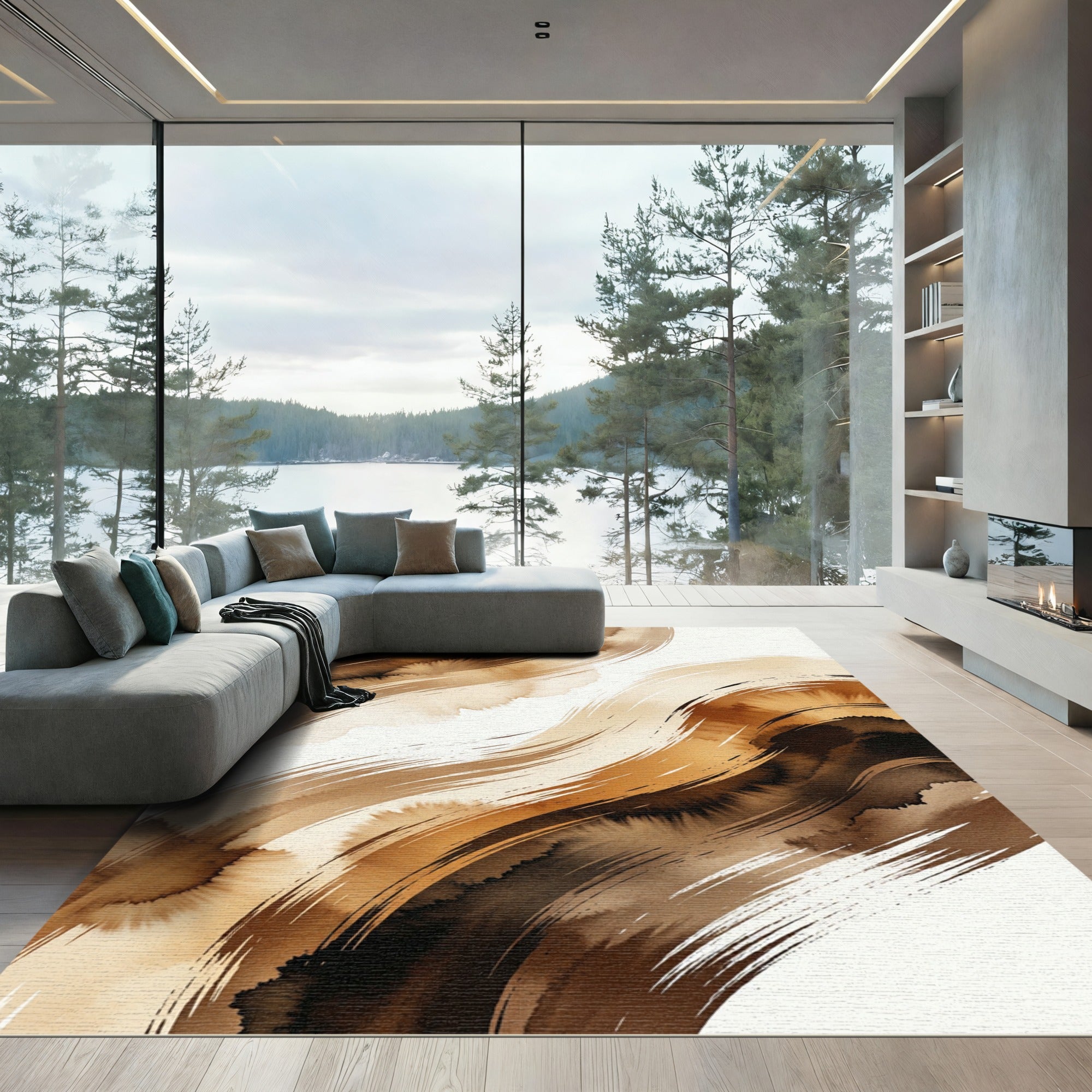 Earthy Brown Abstract Fluid Wave Rug