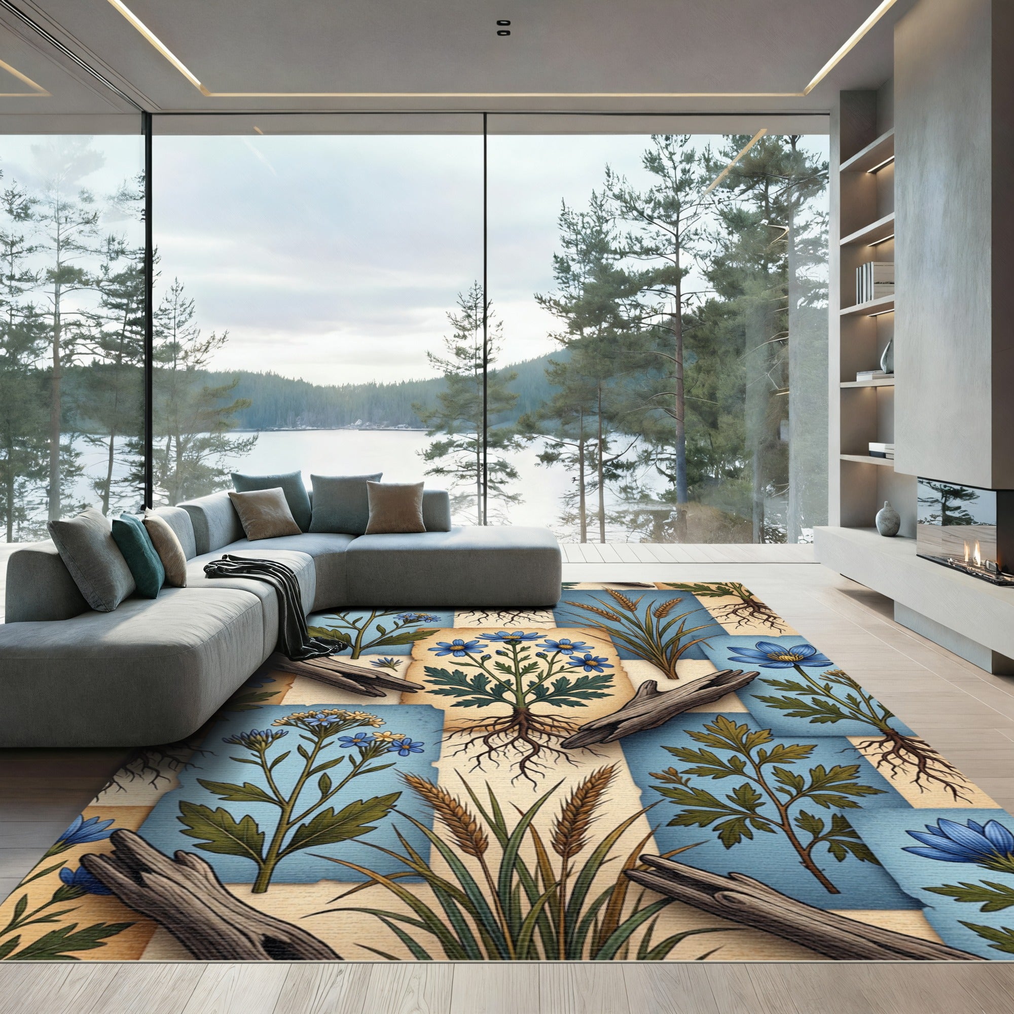 Rustic Botanical Blue Floral Wheat Rug