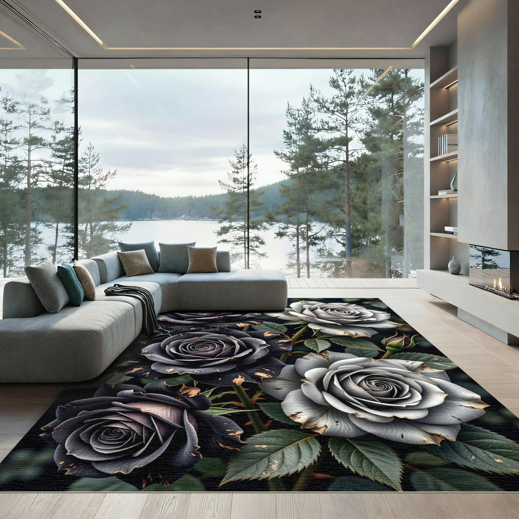 Black and White Rose Blossom Garden Rug