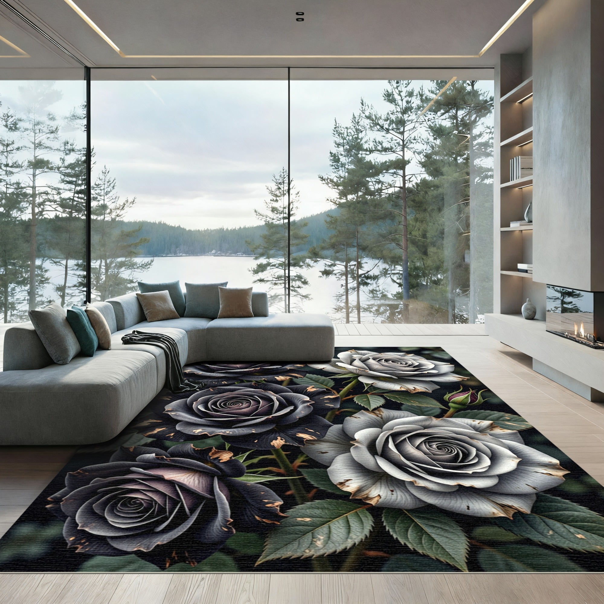 Black and White Rose Blossom Garden Rug