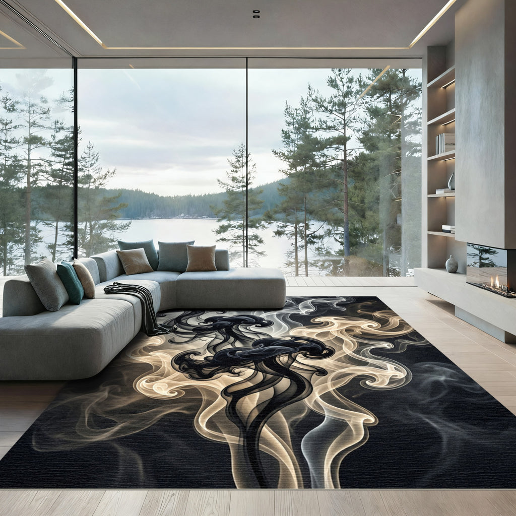Ethereal Black and Gold Smoke Swirl Rug