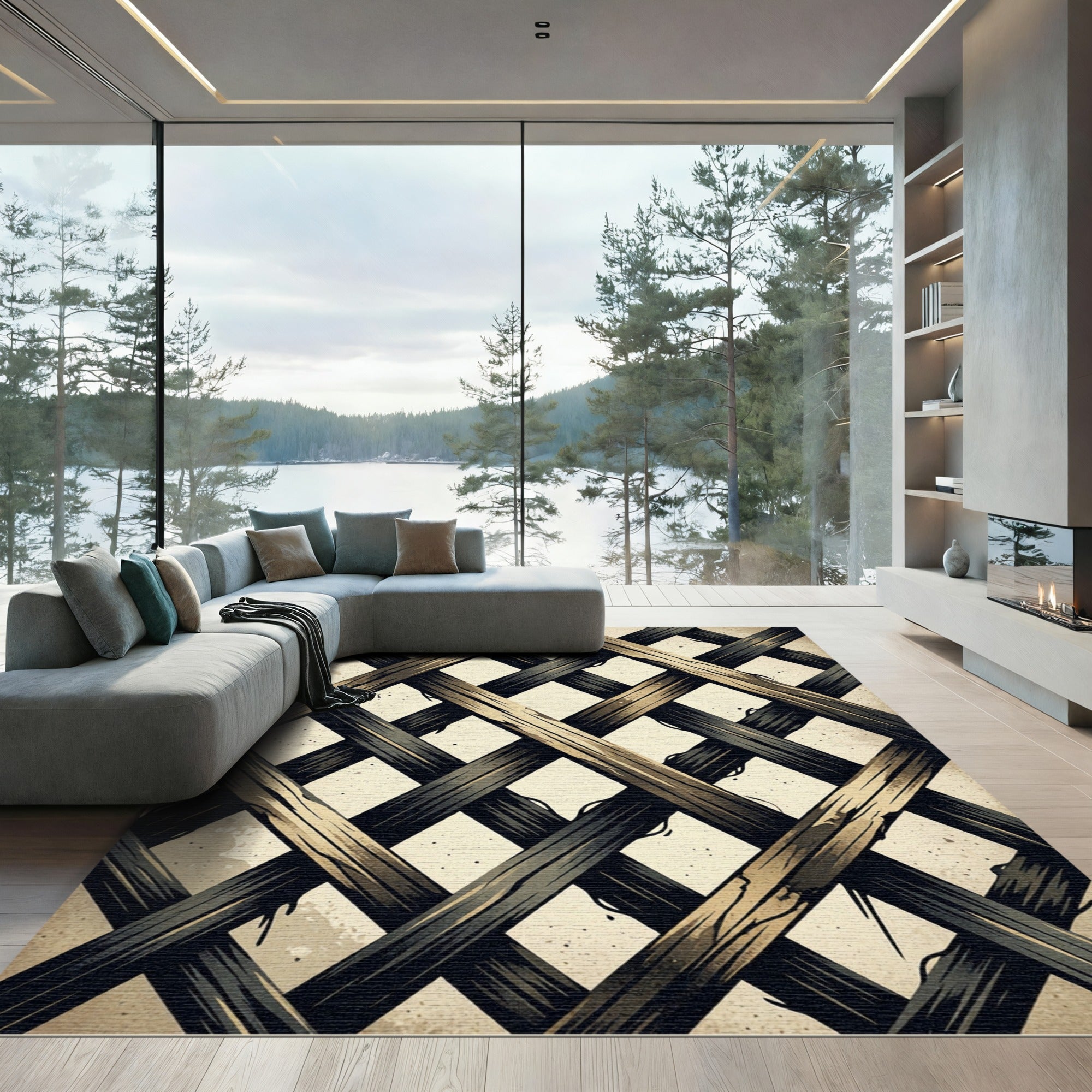 Rustic Charcoal Lattice Overlaid Wood Grid Rug