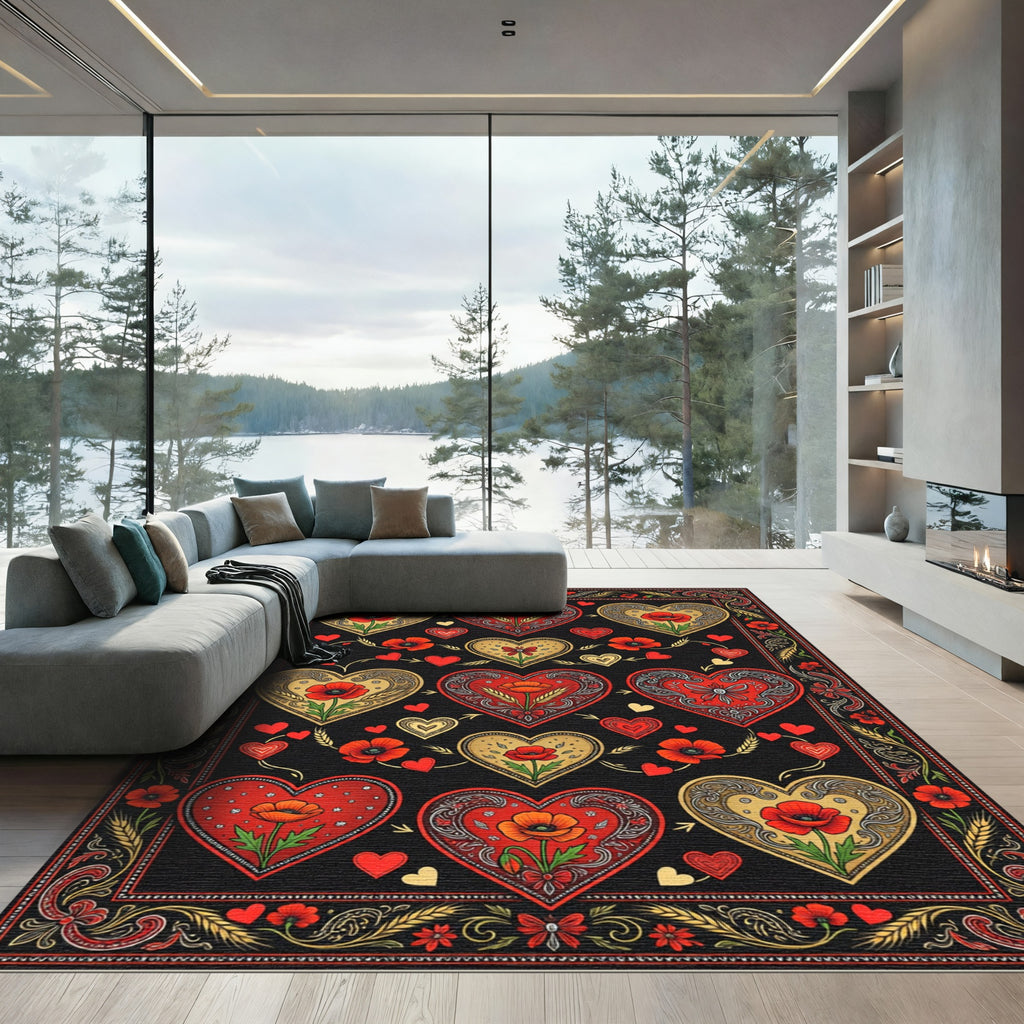 Red Gold Heart Poppy Floral Arrangement Rug