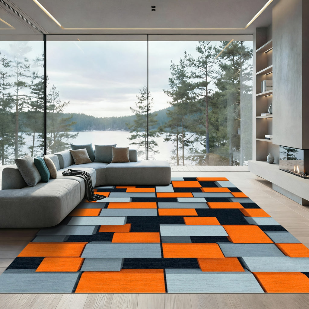 Orange Gray Block Composition Rug